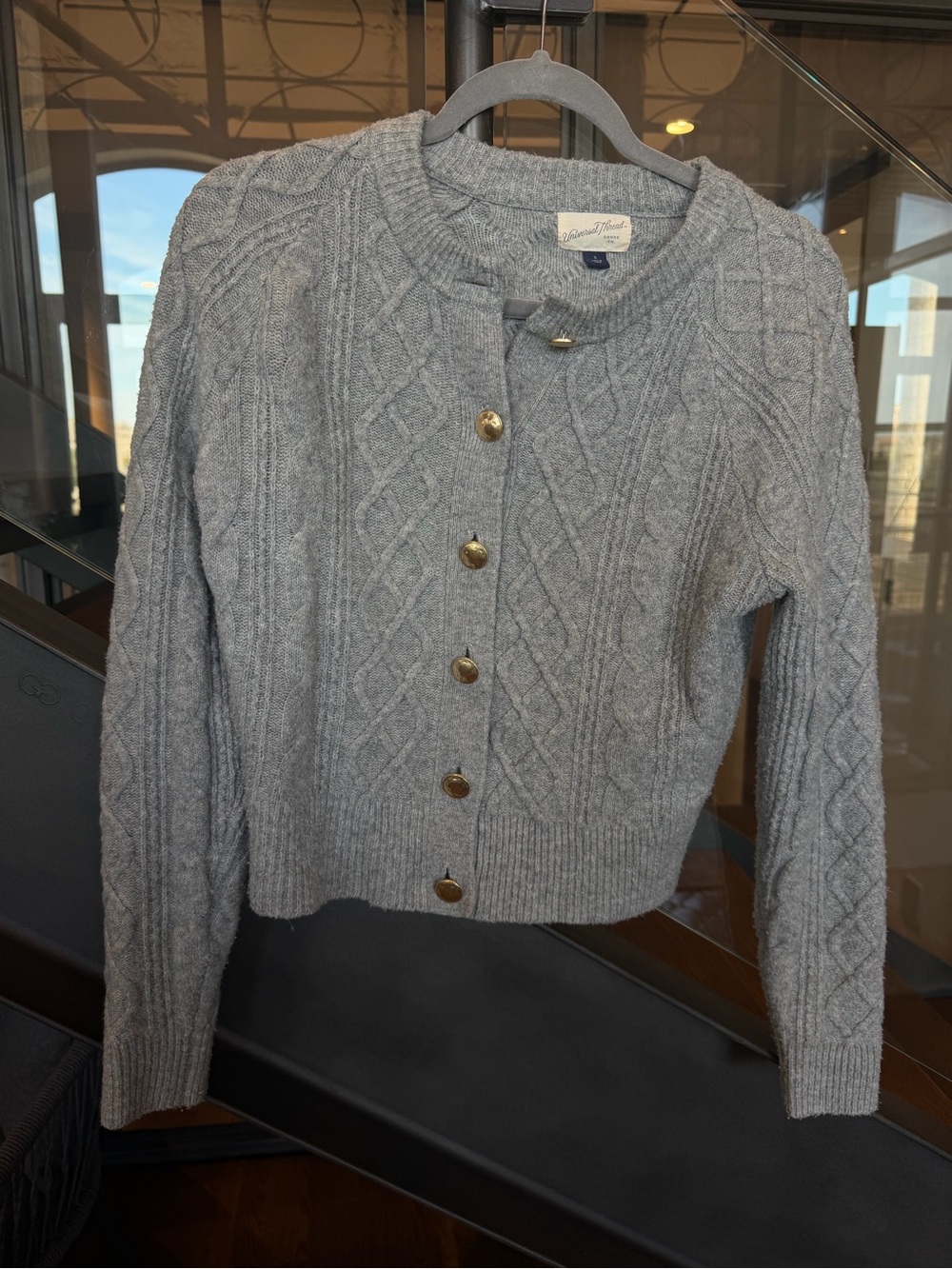 Gray Cable Knit Cardigan with Gold Buttons